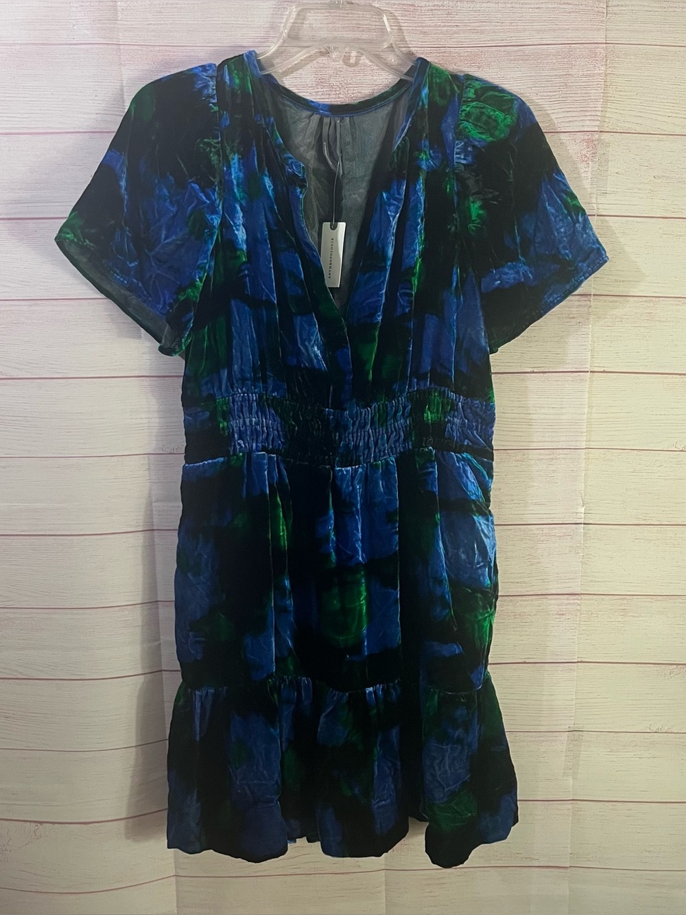 New Anthropologie NEW Somerset Velvet Mini Dress Blue Motif Size Medium